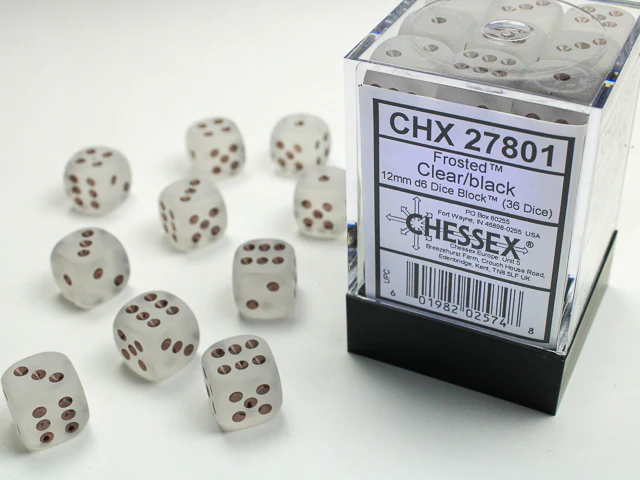 Chessex Frosted Dice - 36 x D6 - 12mm - Clear/Black