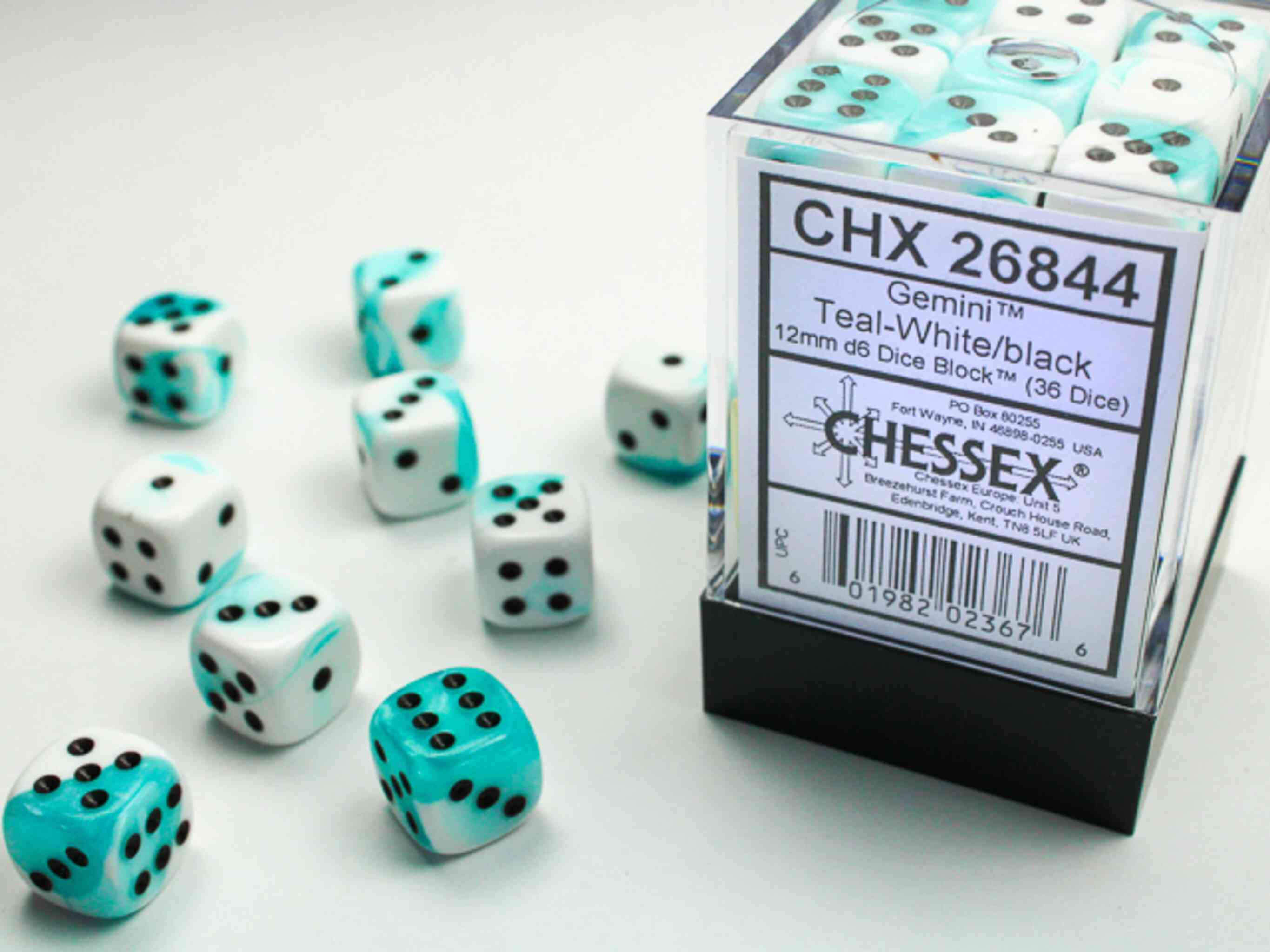 Chessex Gemini Dice - 36 x D6 - 12mm - Teal-White/Black