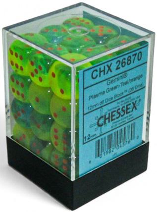 Chessex Gemini Luminary Dice - 36 x D6 - 12mm - Plasma Green-Teal/Orange
