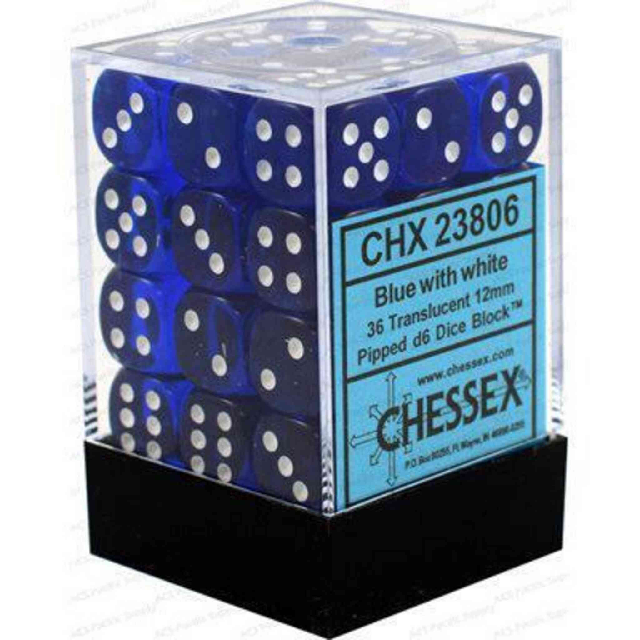 Chessex Translucent Dice - 36 x d6 - 12mm - Blue/White