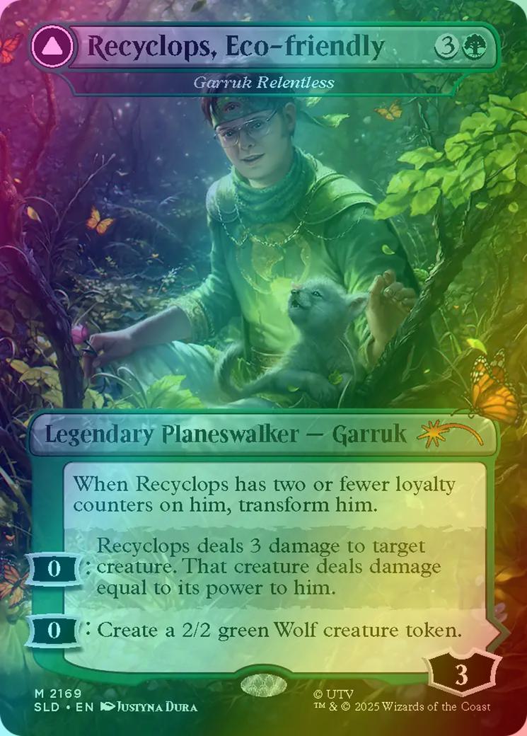 Recyclops, Eco-Friendly - Garruk Relentless // Recyclops, Nature's Vengeance - Garruk, the Veil-Cursed [2169] [Borderless] [The Office: Dwight's Destiny] [Secret Lair Drop] [Foil] - Image 2
